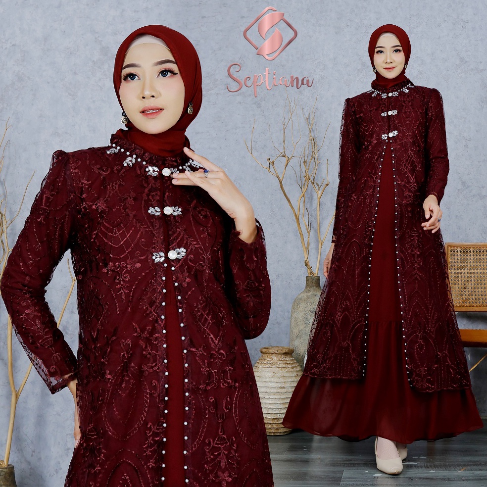 22 Murah Septiana  Set Outer dan Inner Gamis Brukat Pesta kombinasi tille brukat dan ceruti baby dol
