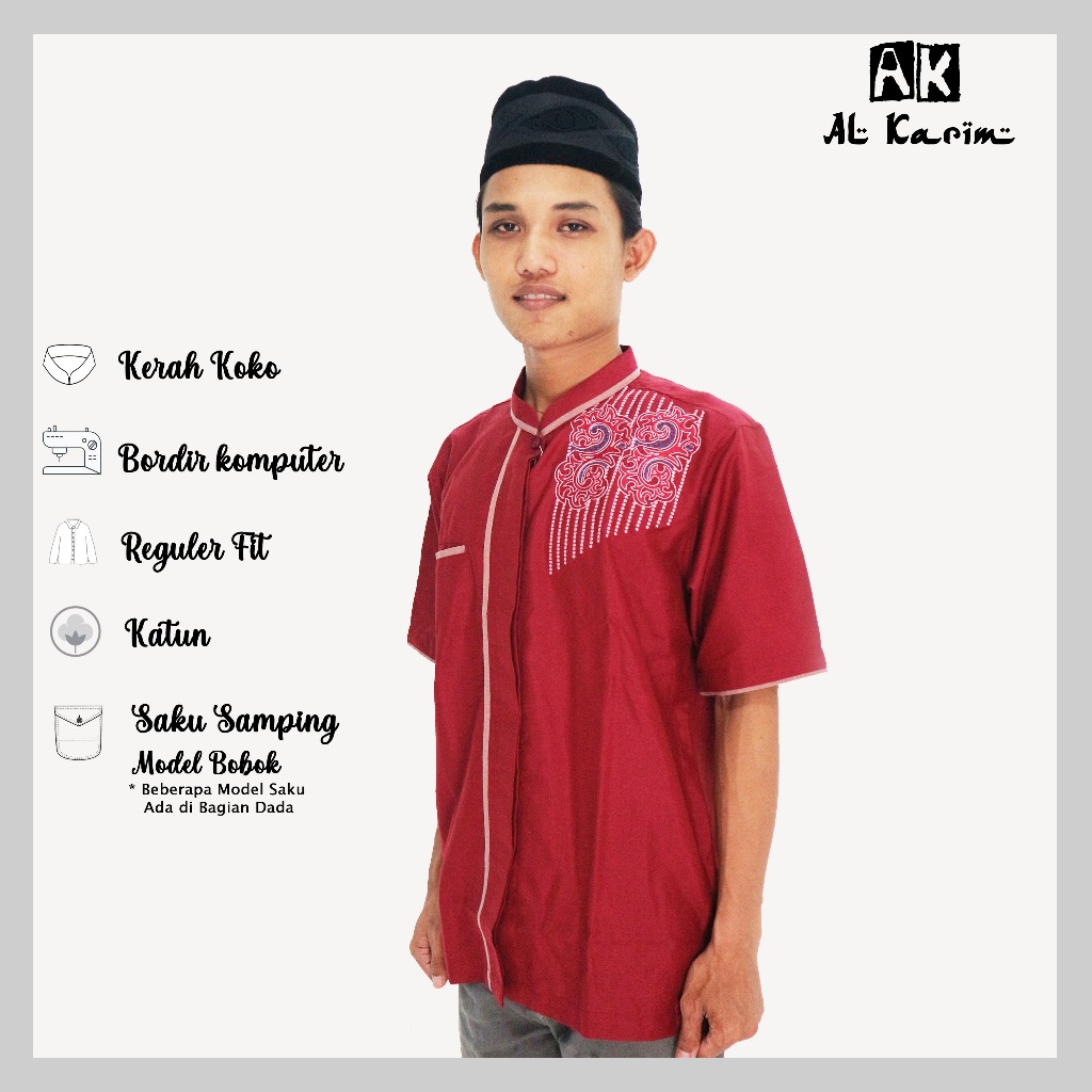 Baju Hem Lengan Pendek Koko Premium Muslim Katun Toyobo Al Karim / Kemeja Lengan Pendek Bordir