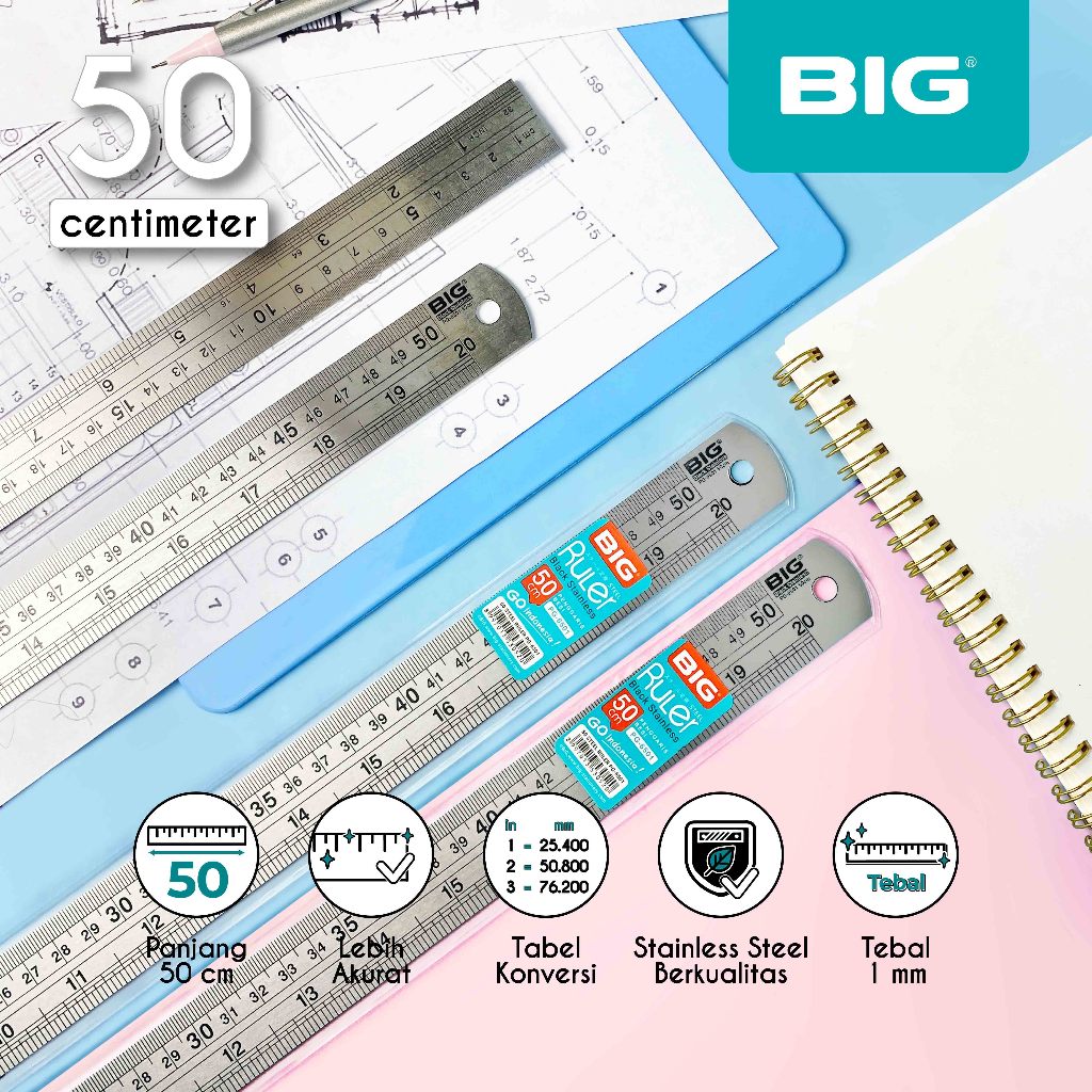 

BIG Penggaris Besi / Stainless Steel Ruler Tebal dan Kokoh Panjang 50 CM Tebal 1 MM PG-6501