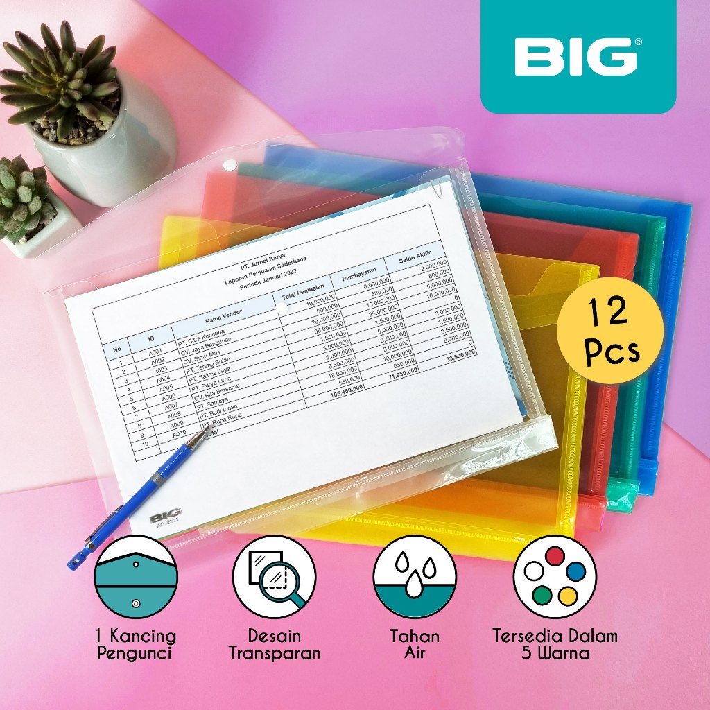 

12 Pcs BIG Map Kancing F4 Folio Plastik Transparan Dokumen Punggung MF-8111