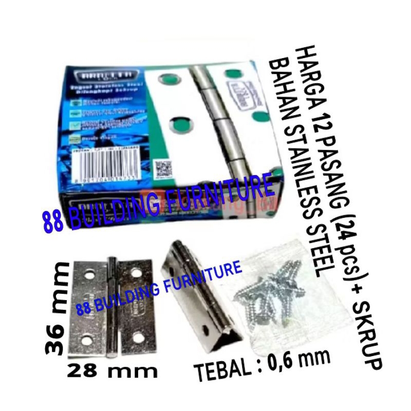 (HARGA PERKOTAK 24 PCS + SKRUP) ENGSEL PLAT TIPIS 1,5" (36 mm) STAINLESS STEEL / ENGSEL KUPU KUPU PE