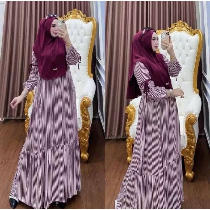 Lavanya gamis salur set kerudung bergo/gamis rayon premium