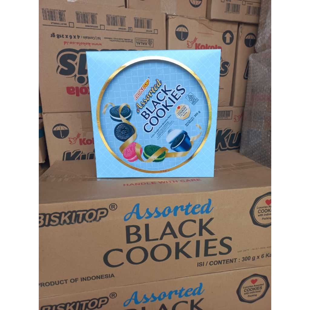 

biskitop assorted black cokies ( bulat ) 300 gram 1 dus isi 6 kaleng