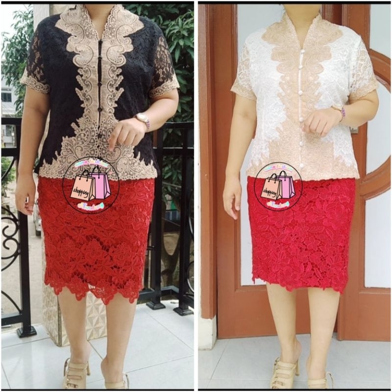 Atasan brokat kebaya keranca tangan pendek putih hitam kancing hidup lapis furing busui friendly