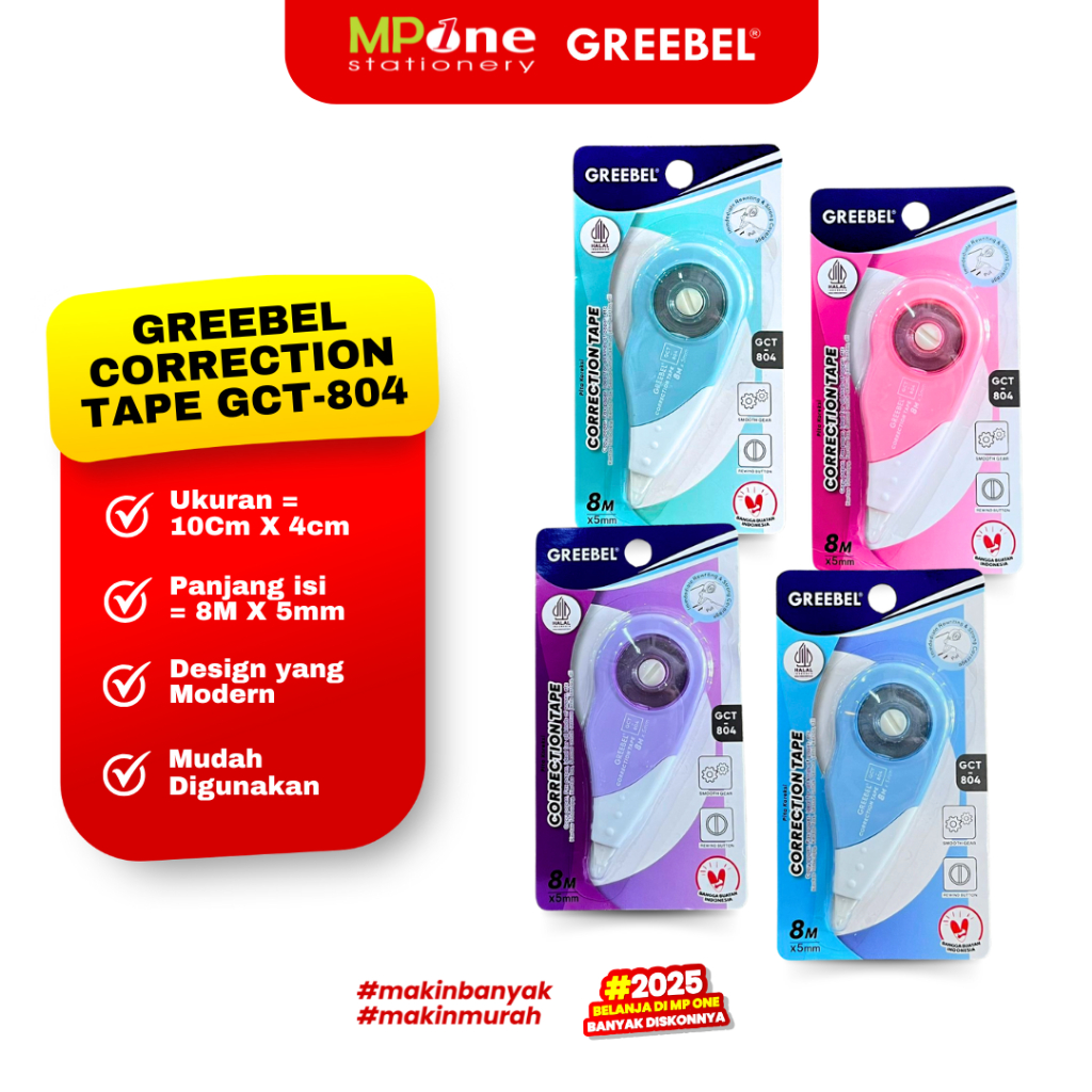 

Greebel Correction Tape 8mx5mm GCT-804 / Tipe-x Kertas Roll Pita / Pita Koreksi Pulpen GREEBEl GCT-804
