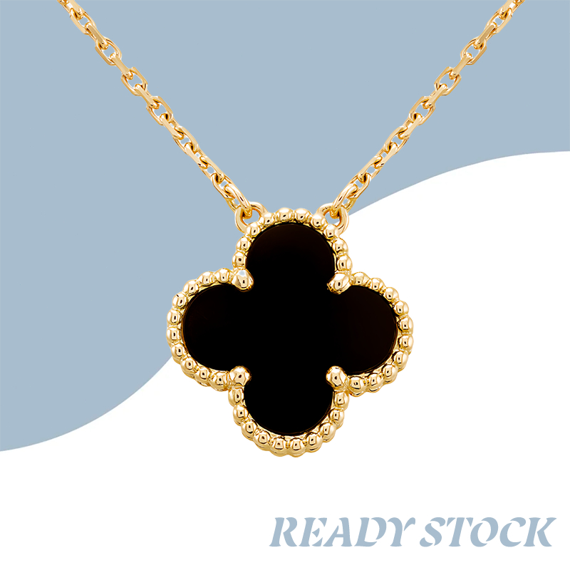 Kalung Wanita,Kalung Onyx Hitam Semanggi Empat Daun Emas 17K,Liontin Kalung