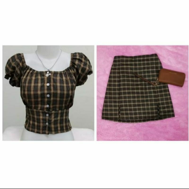 baju setelan wanita carla one set top blouse crop top motif square kotak baju rok pendek