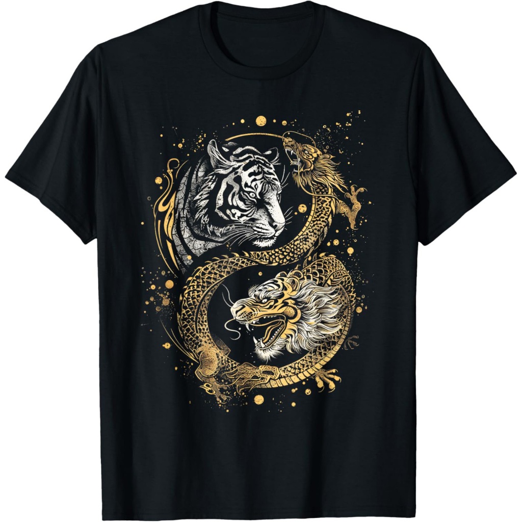 Kaos Seni Asia Oriental Yin Yin Yang Harimau Naga Emas