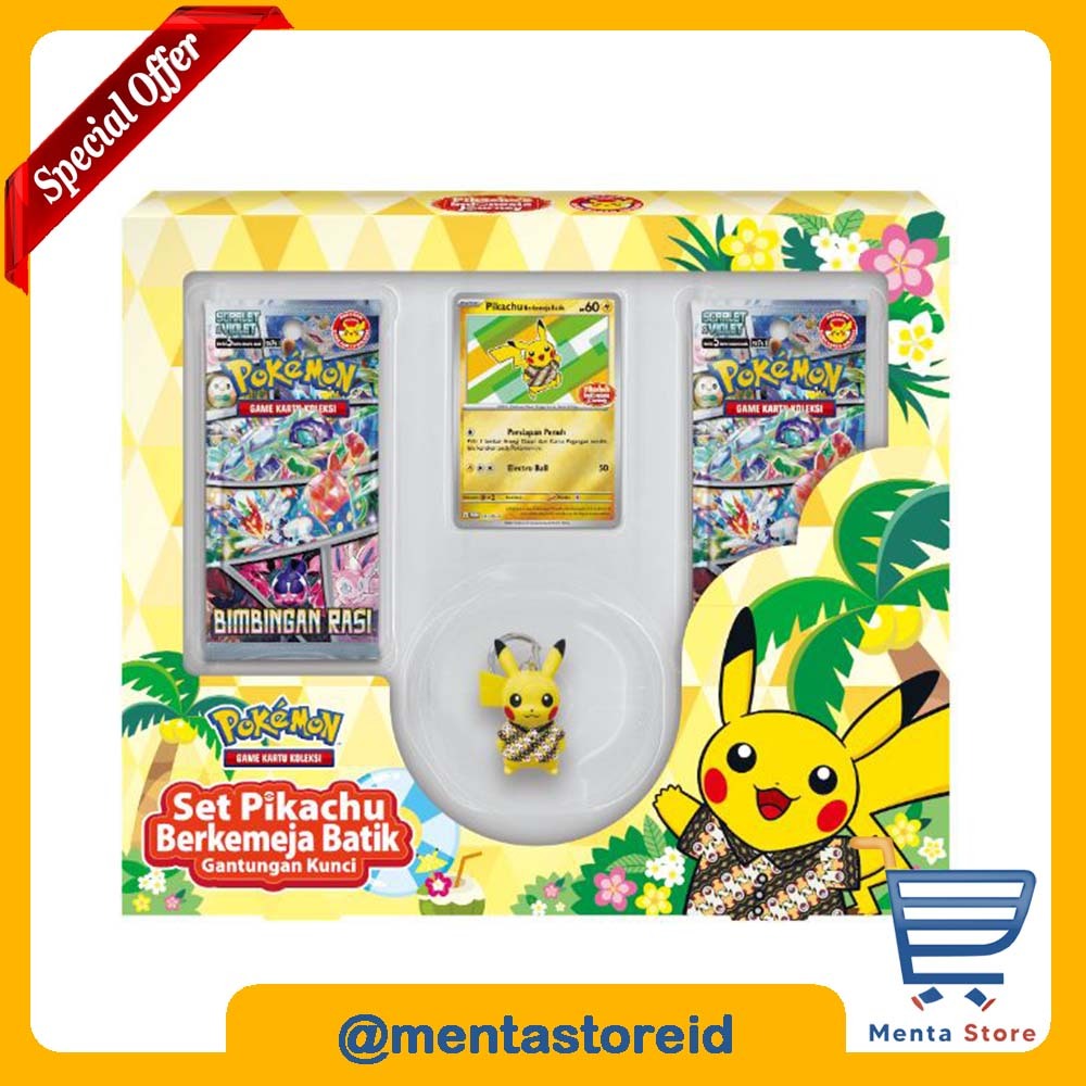 Kartu Pokemon TCG Indonesia - Set Pikachu Berkemeja Batik - Gantungan Kunci Bimbingan Rasi Keychain 