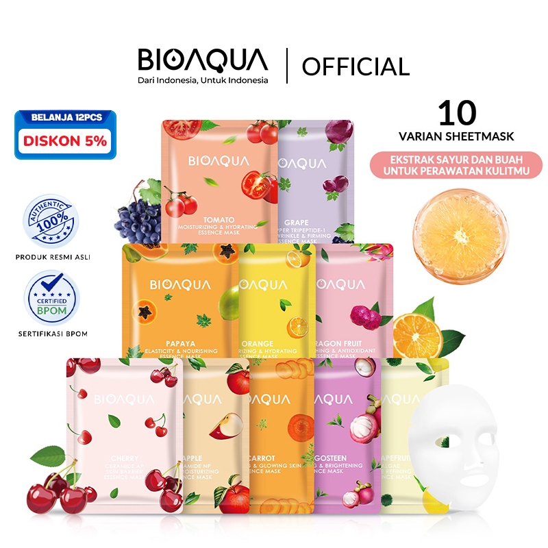 【BPOM】Bioaqua Cosmetics  sheet mask fruit 10pcs/12pcs/40pcs  masker wajah hydrating whiteing moistur