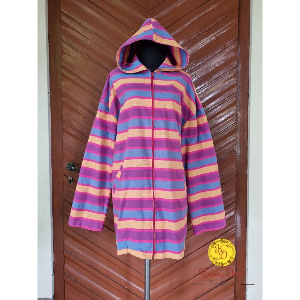 Jaket Ponco Lurik Warna Warni Garis Pink