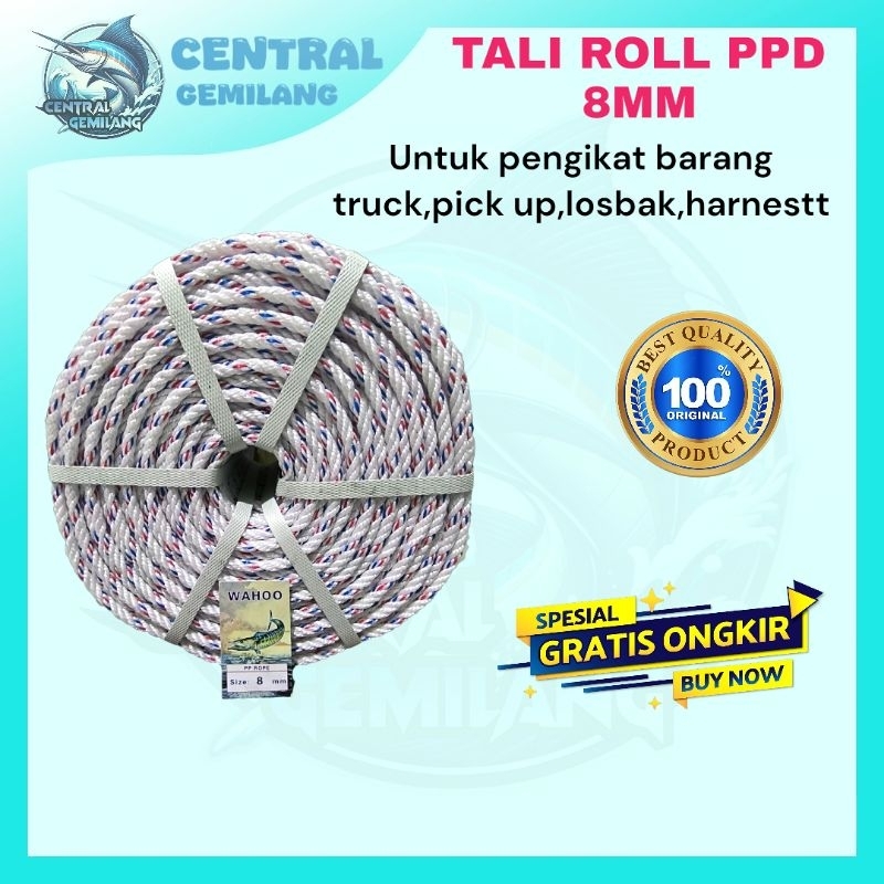 

TALI TAMBANG PPD 8MM ROLL 220METER,Tali pengikat barang truck,pick up,losbak,terpal container.