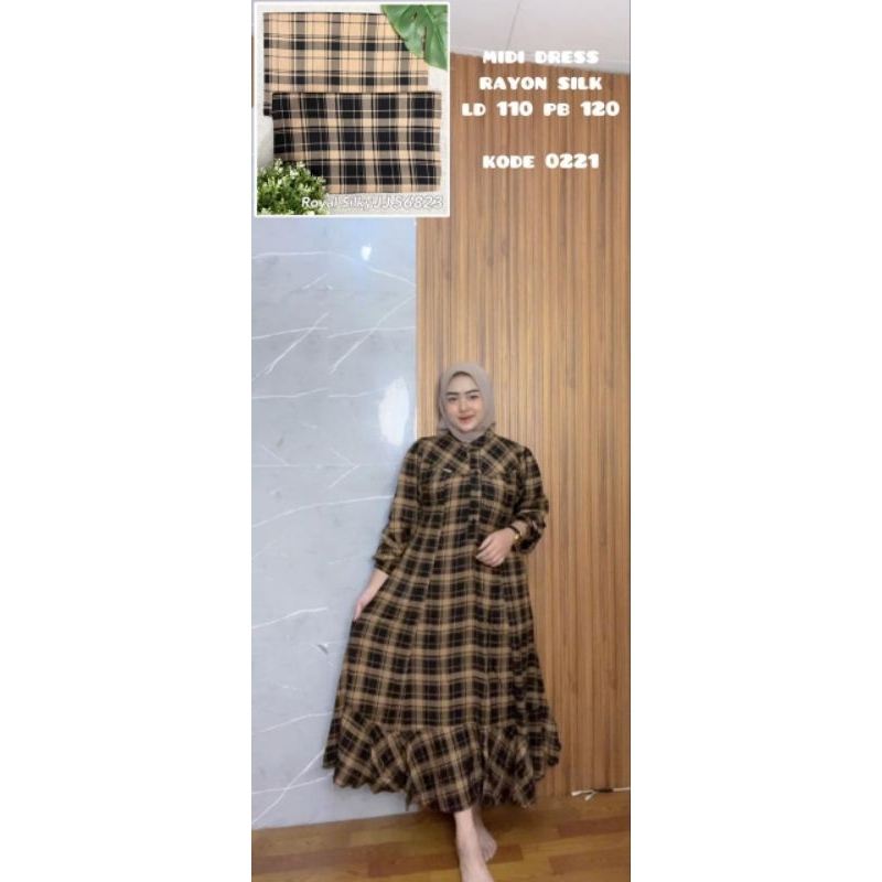 MIDI DRES RAYON SILKI MOTIF KOTAK KOTAK