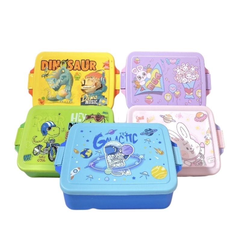 Lunch Box Anak 2 Sekat Free Sendok Garpu | Kotak Makan Anak 2 Sekat Karakter Dino Kelinci Space