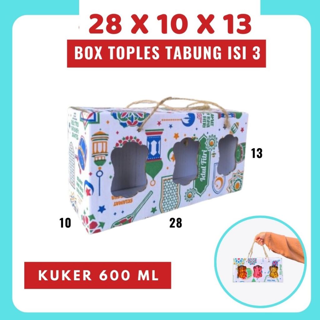 

Box Isi 3x600 ml Tali 28x10x13 Jinjing (KUKER TOPLES JAR 600ml Isi 3) Gable Box Kardus Kue Kering / Idul Fitri /Hampers / Lebaran / Gable Box Polos/Motif