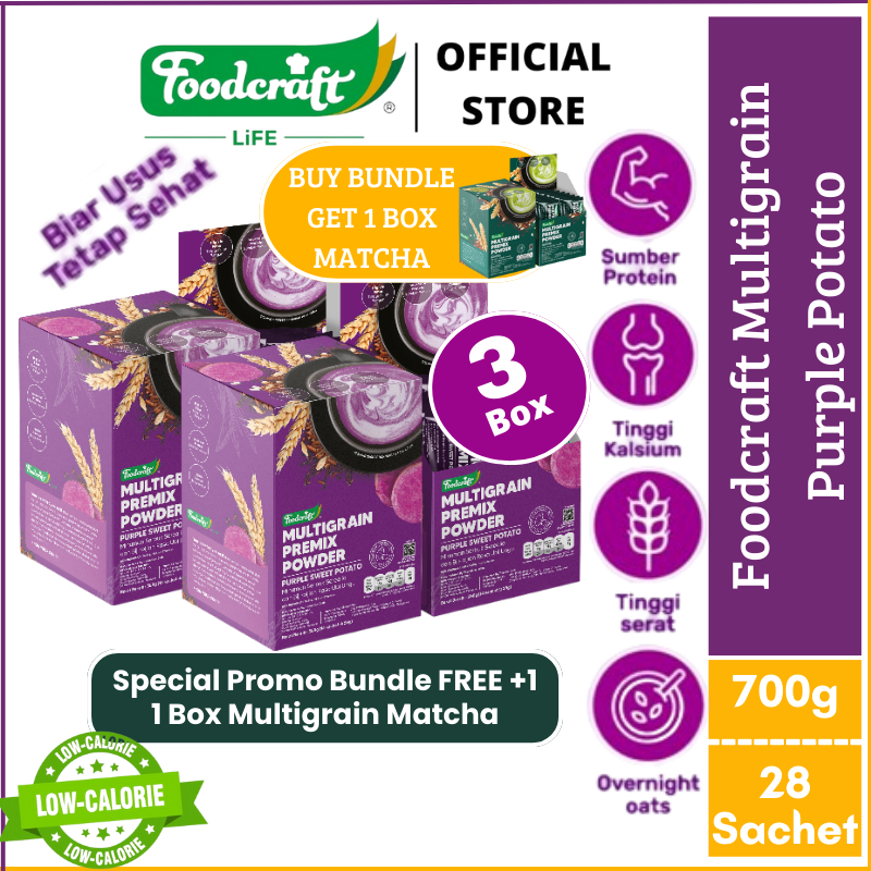 

【Bundle Special 2 Box FREE 1 Box Matcha】 Foodcraft Premix Multigrain Powder Purple Sweet Potato 2 Box Minuman Serbuk Sereal Nutrisi Sarapan Cocok Diet Tinggi Serat Kaya Protein Rasa Ubi Ungu