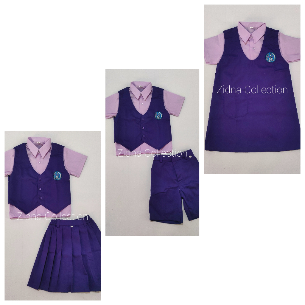 Setelan Ungu Tua Ungu Muda Pendek Celana Rok Dress Seragam Sekolah PG TK MI SD