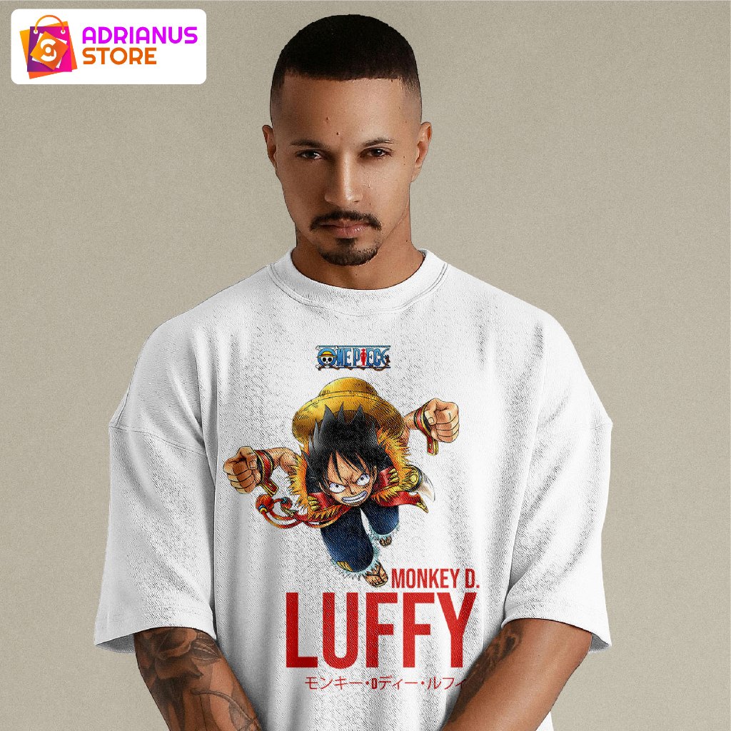 Baju Kaos Distro Atasan Putih Anime One Piece Luffy Bajak Laut Topi Jerami Mugiwara