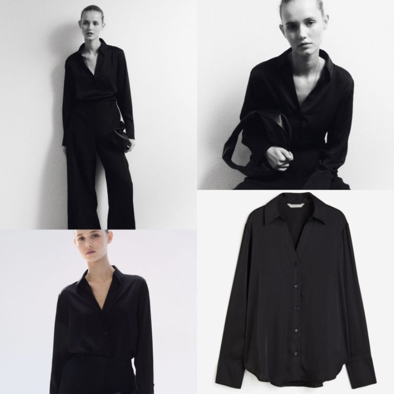 HM satin Longsleeve Shirt /v neck / kemeja atasan wanita lengan panjang