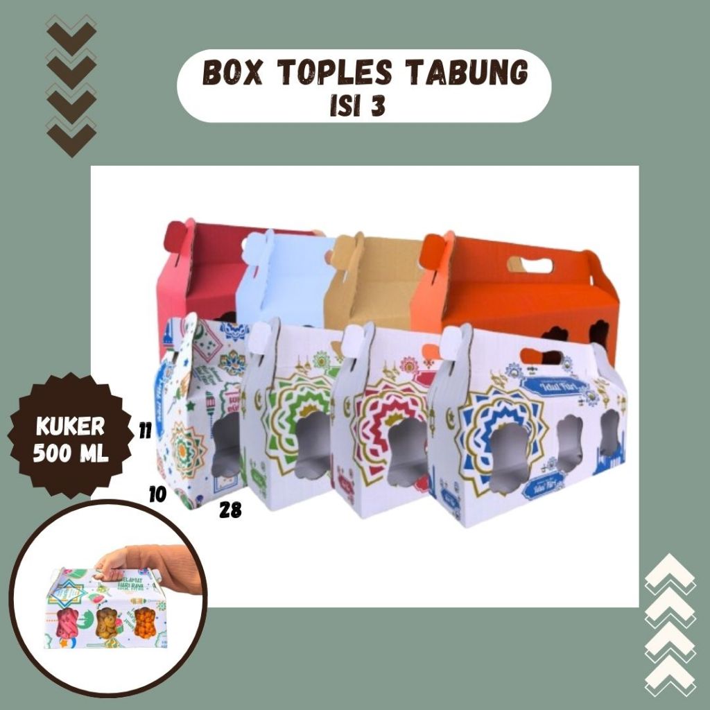 

Box Kuker 28x10x11 Jinjing (KUKER TOPLES JAR 500ml Isi 3) Kardus Kue Kering / Idul Fitri /Hampers / Lebaran / Gable Box Polos/Motif
