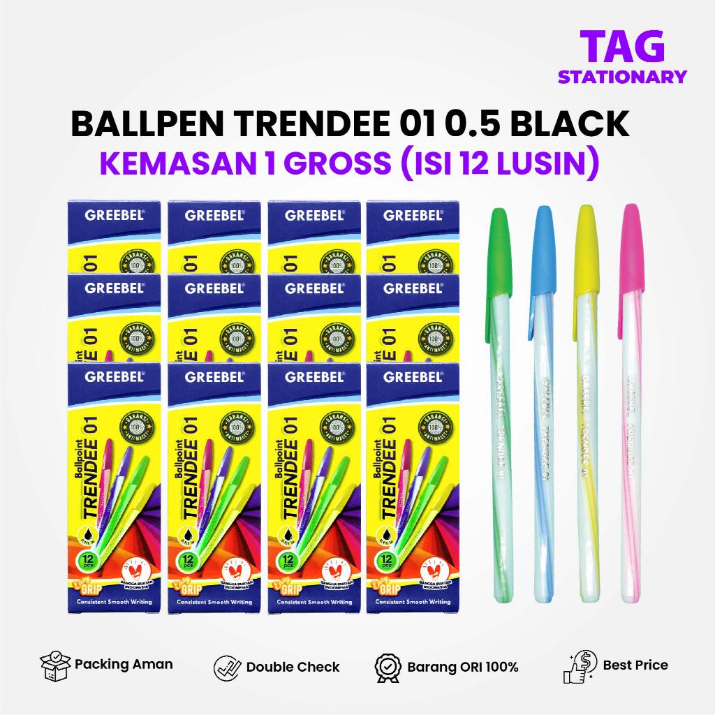 

GREEBEL Pulpen / Ballpen Trendee 01 Hitam (1 GROSS) / Ballpoint Bolpen Pena Timur Agung Grosir