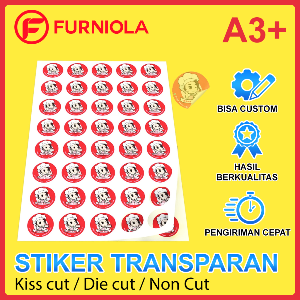 Cetak Sticker Vinyl Transparan Custom A3+ / Print Stiker Label Waterproof Anti Air Transparant Benin