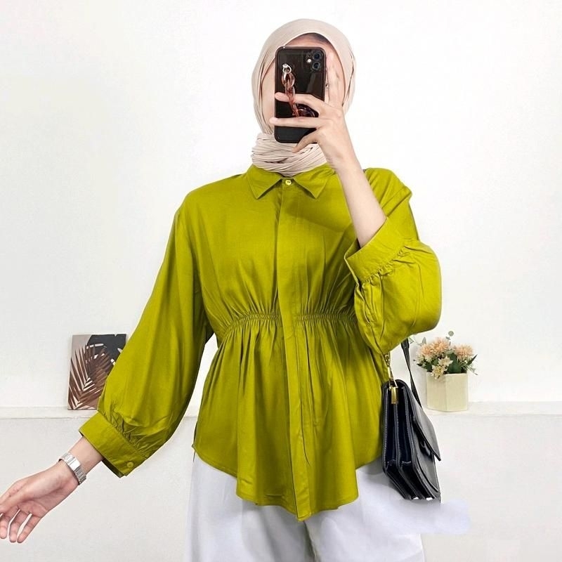 ALYA SHIRT BLOUSE- KEMEJA WANITA KERUT DEPAN - KEMEJA LINEN OVERSIZE LD 120 CM