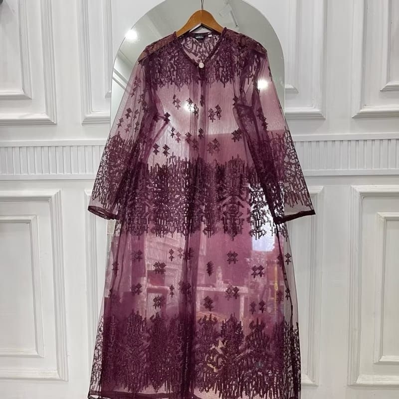 Long Cardigan Outer Pesta Brukat Tile Etnik