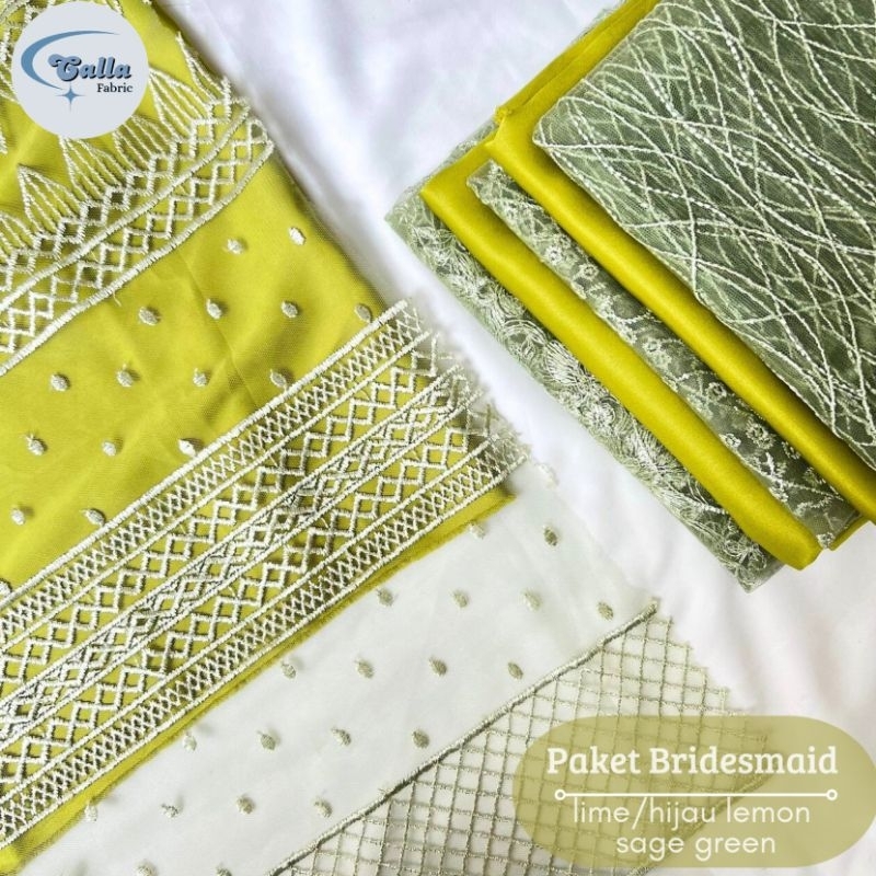 Paket Lengkap Kain Bridesmaid / Kain Satin Velvet Lime + Brukat Tile Sage Green