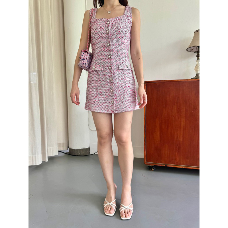 POPPY DRESS IN TWEED – OUDRE  Mini Dress Wanita | Dress Pendek Bordir | Relaxed-fit Dress | Dress Me