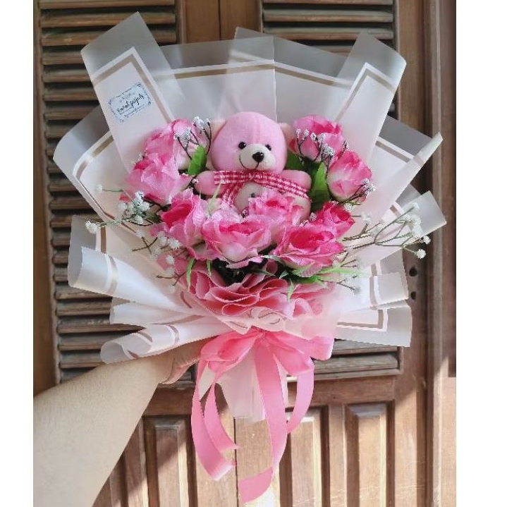 (Ready Stock) Buket Boneka Teddy Bear Mawar Pink Artificial, Buket Ulang Tahun, Buket Buat Cewek, Bu