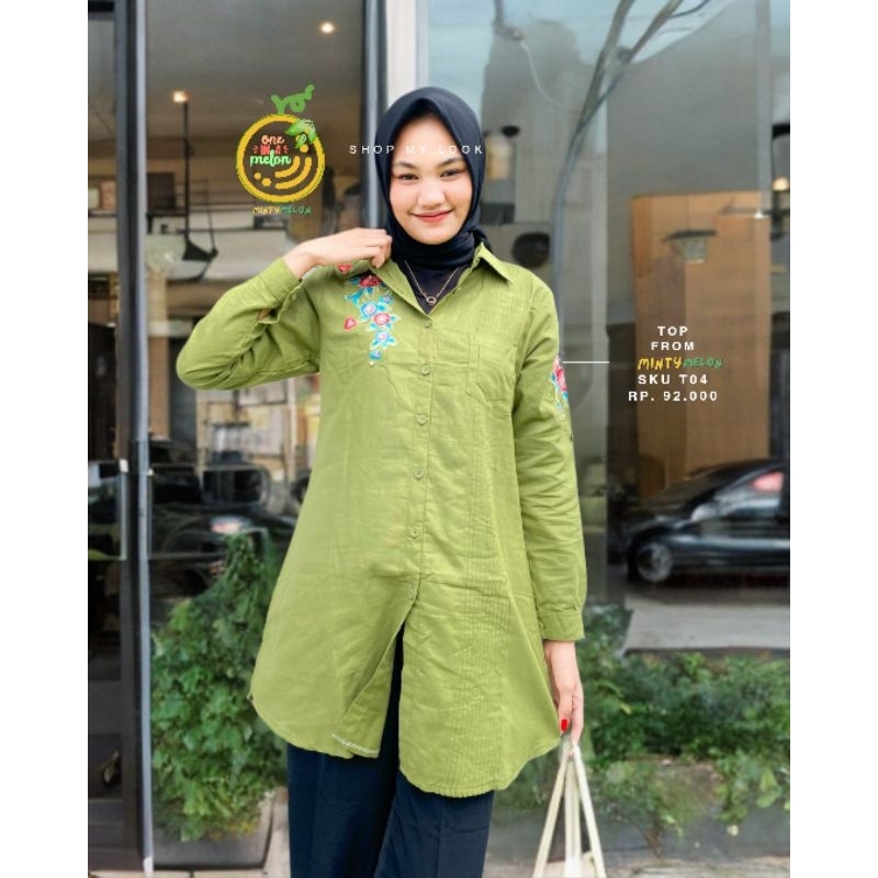 Atasan blus kemeja tunik linen wanita bordir Sulis T04