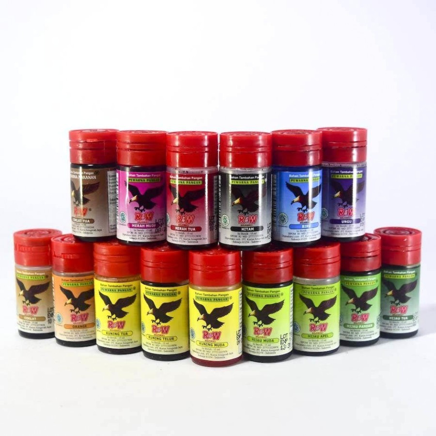 

Pewarna Makanan R&W Rajawali 15ml Sumbo Warna Merah Hijau Orange Ungu Biru Hitam Coklat Kuning Tua Muda Arbei Apel Pandan Oranye Orens Oren Violet Yellow Red Blue Black Brown Green Food Grade Murah Malang Jatim