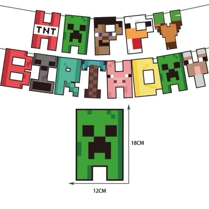 Banner tulisan happy birthday tema minecraft mine craft bunting flag baner backdrop spanduk hiasan d