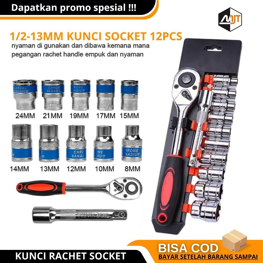 Socket Wrench SET - Ratchet Kunci Pas 12 pcs Kunci Set 1/2inci Socket Sok CR-V Multifungsi