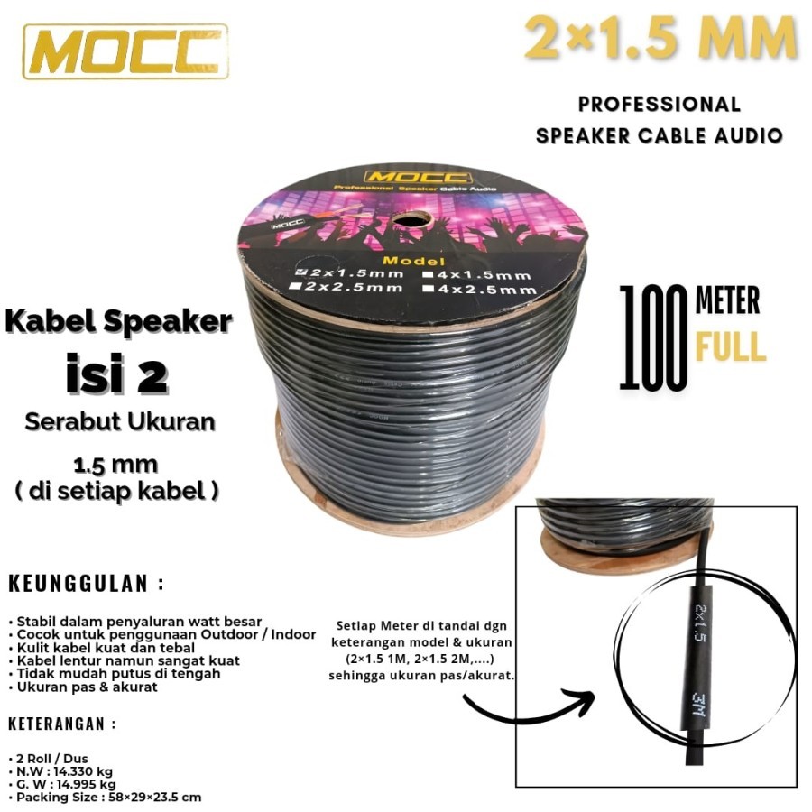 Kabel Speaker MOcc 2x1,5mm Speaker Cable MOCC Ukuran 2 x 1.5 mm asli tembaga