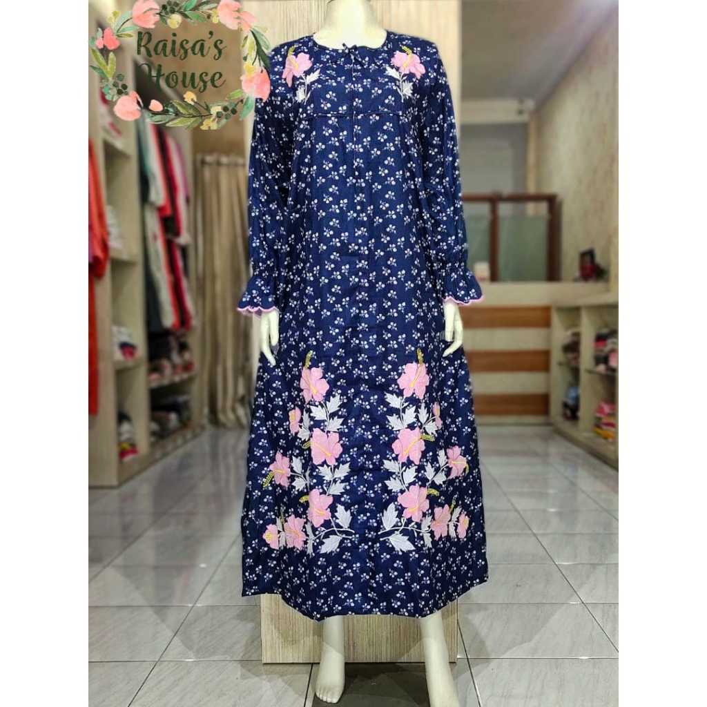 DASTER LONGDRESS BORDIR KHAS MALANG - LENGAN PANJANG | BUNGA TANGKAI - NAVY