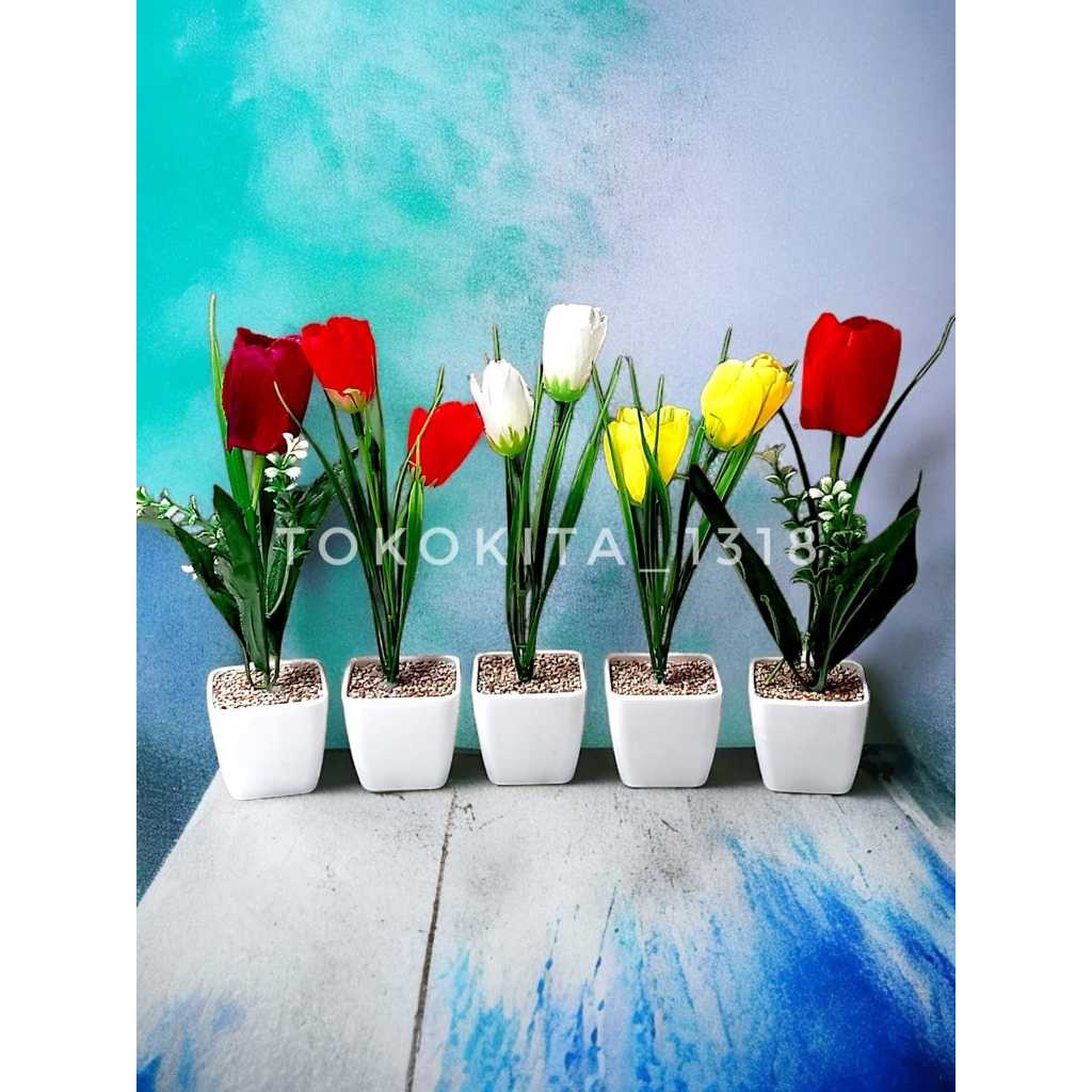 SET BUNGA PLASTIK TULIP DENGAN POT MINI HOME DEKORASI RUMAH SHABBY CHIC