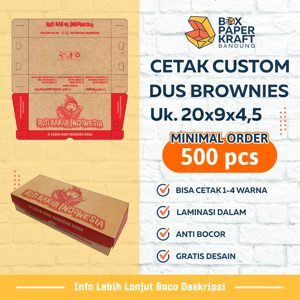 Custom cetak Dus Brownies 20x9x4,5 Paper Box Makanan Kue Bolen Roti Bakar printing 1 warna