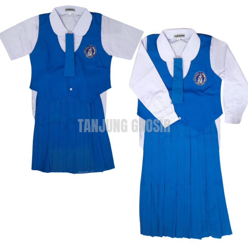 SETELAN SERAGAM PAUD DAN TK PGRI CEWEK PANJANG PENDEK WARNA BIRU PUTIH BAHAN BAJU KATUN DELTA ROK DA