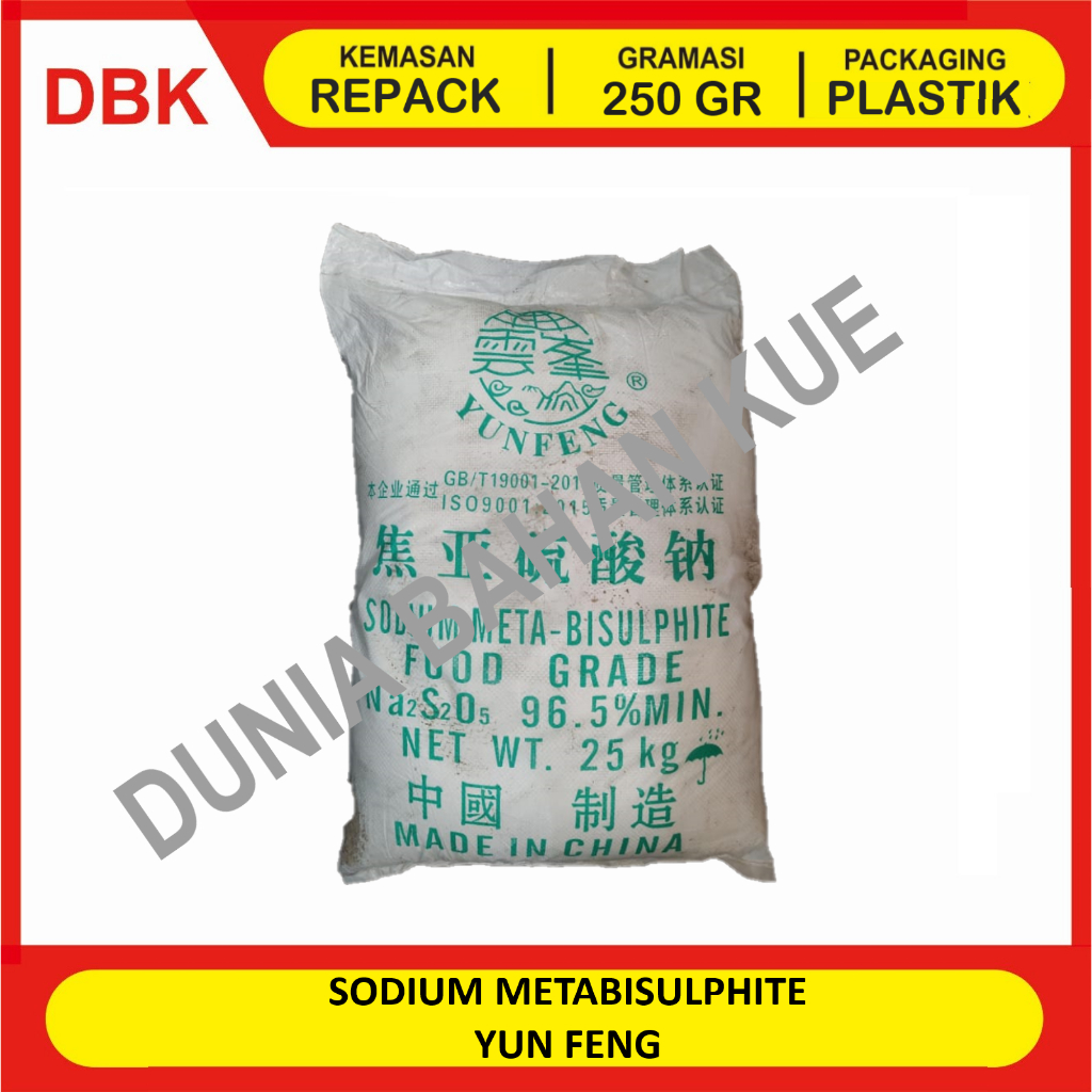 

SODIUM METABISULPHITE YUN FENG - REPACK 250 GR / SODIUM METABISULFIT YUNFENG / SMS / NATRIUM