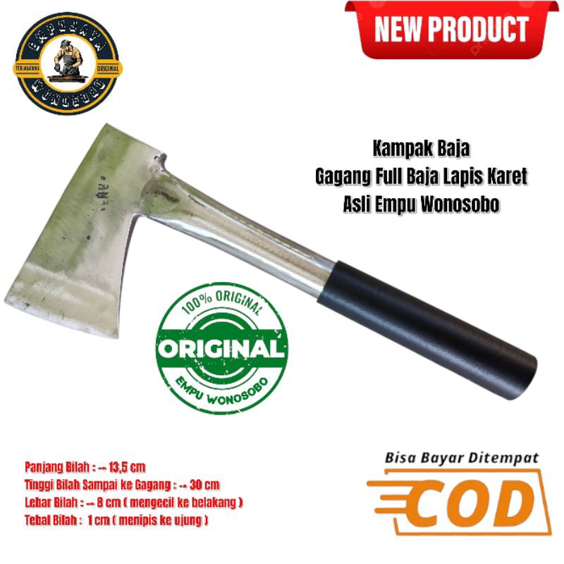 Original Kampak Baja Gagang Full Baja Lapis Karet Asli Empu Wonosobo