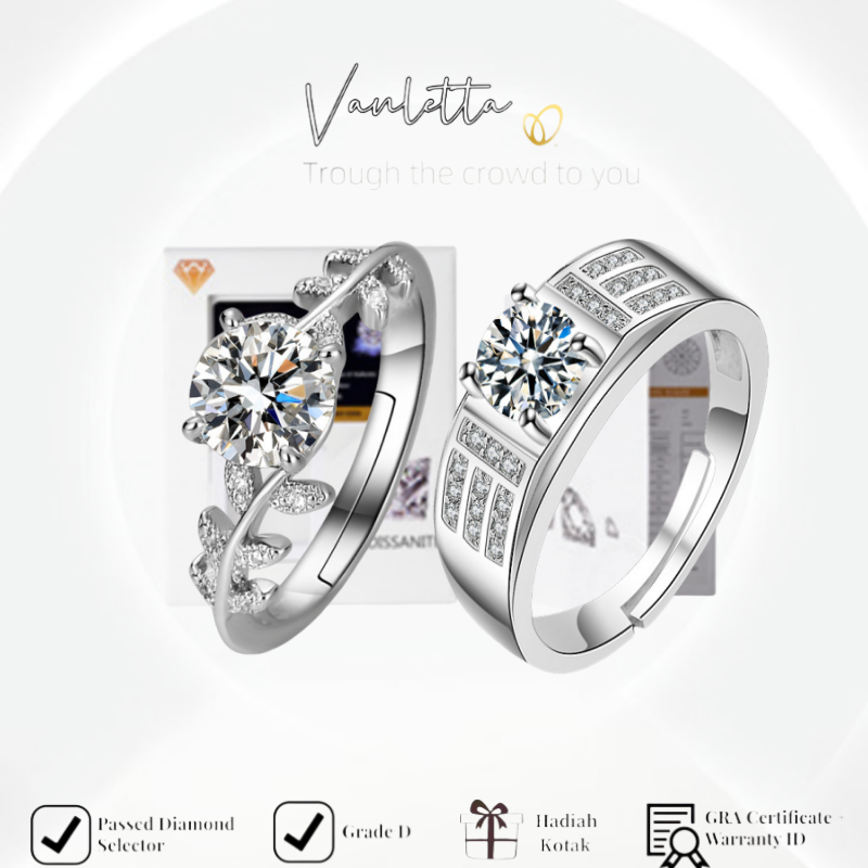 Cincin Palladium Wanita Berlian Asli Cincin Couple Pasangan Lapis Perak Anti Karat Cincin Moissanite