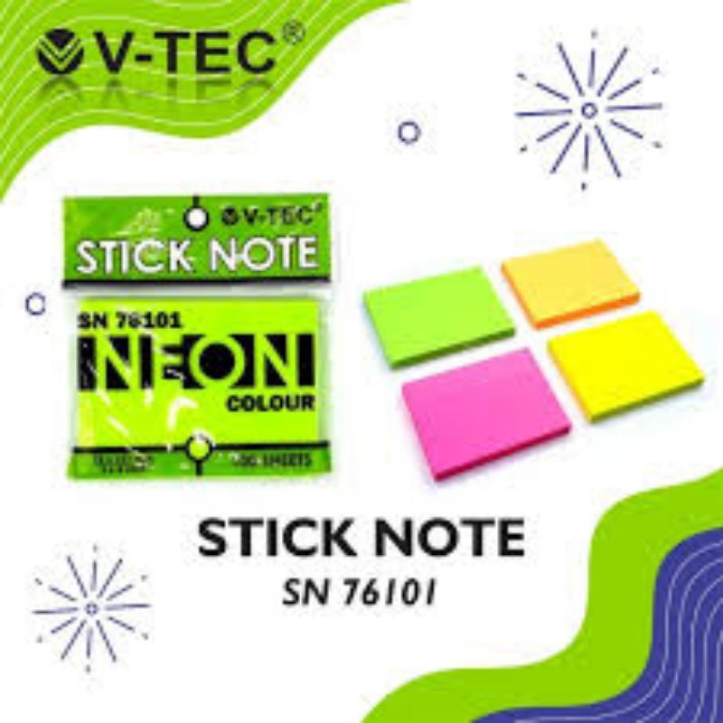 

V-TEC Stick Note SN 76101/4MC Uk. 76 x 101 mmWarna: 4 Warna (Mix Colour) Bahan: Kertas Isi: 100 Sheets