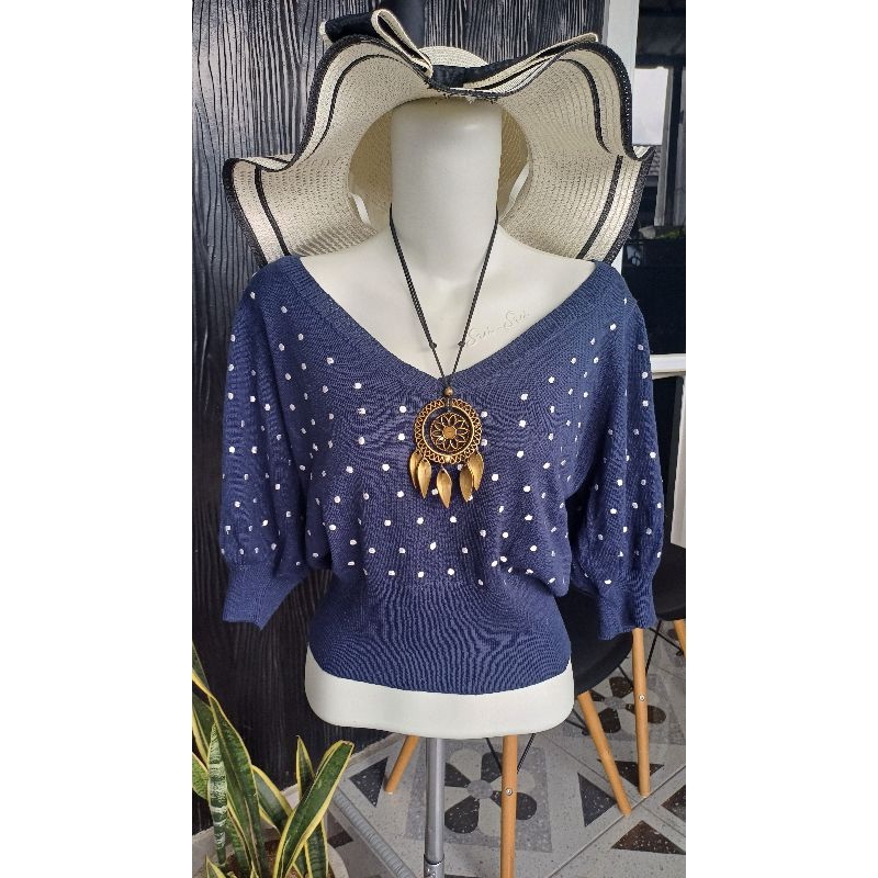 Atasan Rajut Polka Navy Lengan Pendek Balon PL
