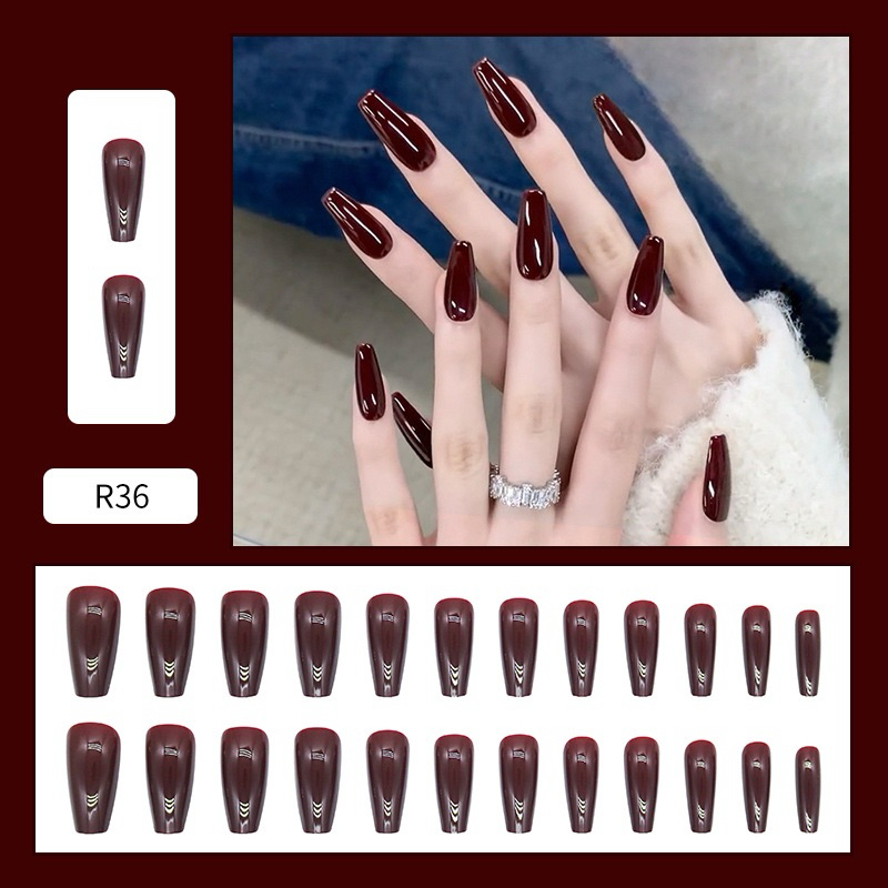 [FREE LEM/24pcs] KUKU PALSU MERAH MARUN PANJANG / KUKU MAROON PANJANG