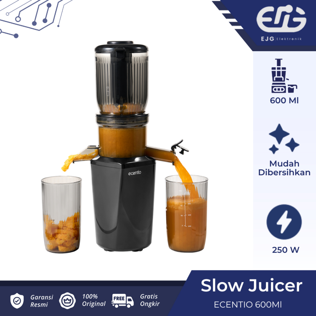 ecentio 103mm Slow Juicer Hitam, Kapasitas 600ml + 550ml, Garansi 1 Tahun