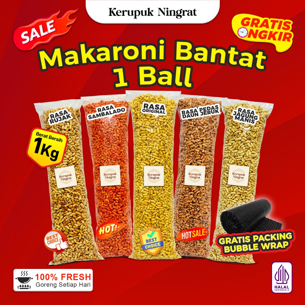 

1 BALL MAKARONI BANTAT 5 VARIAN RASA PEDAS DAUN JERUK, BUMBU RUJAK, ORIGINAL, BALADO, JAGUNG MANIS