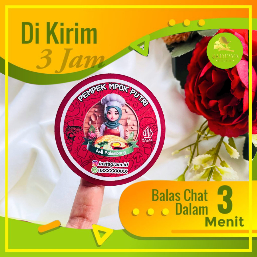 

5-8 SDW Sticker Pempek Palembang Stiker Tekwan Makanan Khas Cetak Label Produk Custom Nama Uk.Sedang