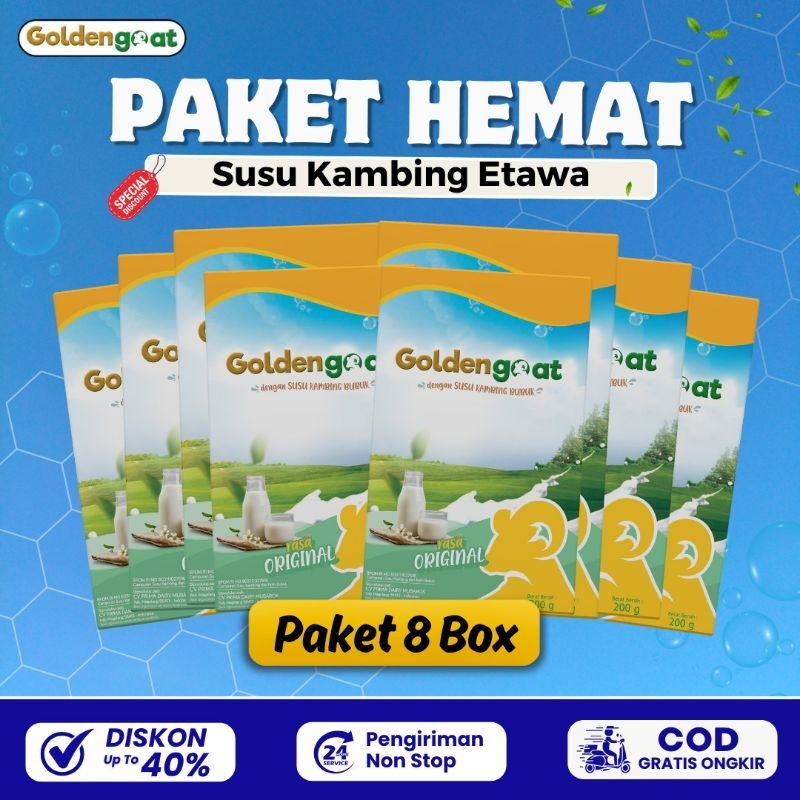 

PAKET 8 BOX GOLDENGOAT SUSU KAMBING ETAWA BUBUK ORIGINAL MURAH ATASI SESAK NAFAS NYERI SENDI TULANG LUTUT PUNGGUNG REUMATIK